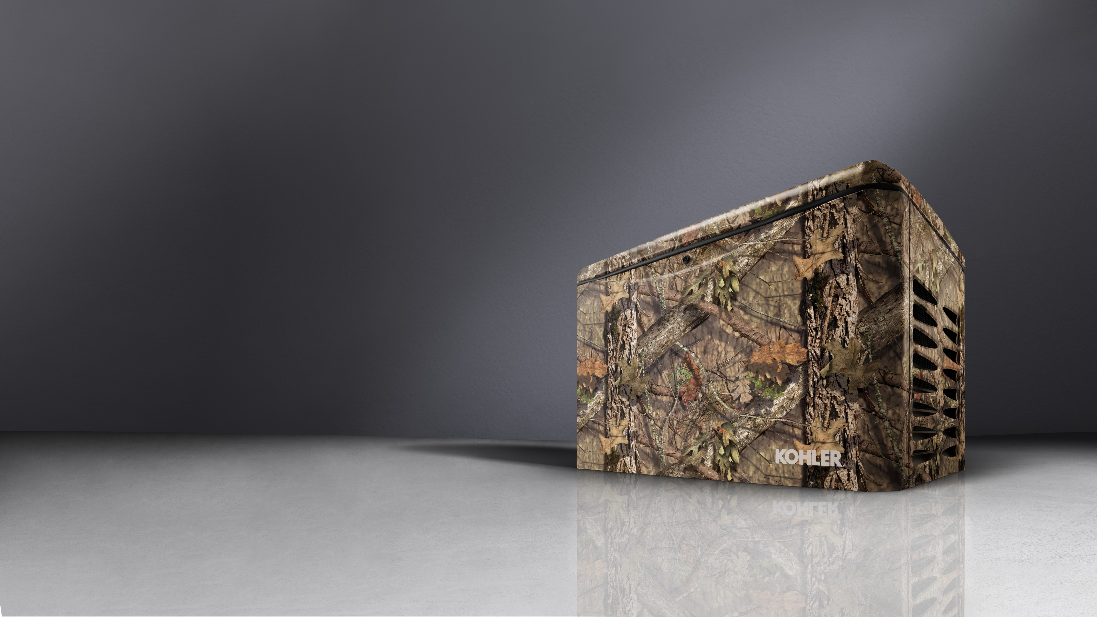 Wide angle corner view of a Mossy Oak BreakUp Country home generator in an empty background.