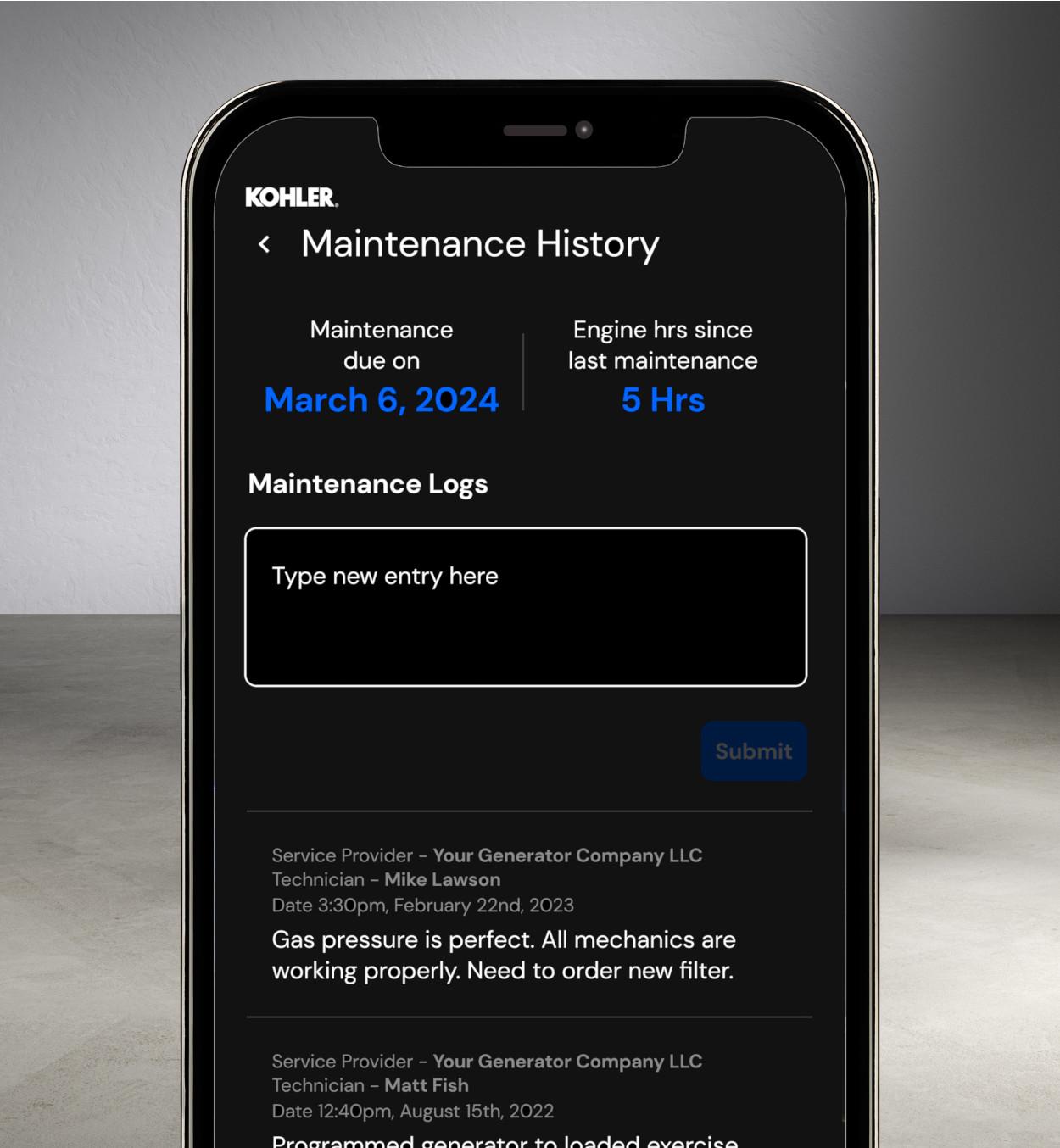 Phone capture of Kohler Energy Management App's Maintenance History screen.