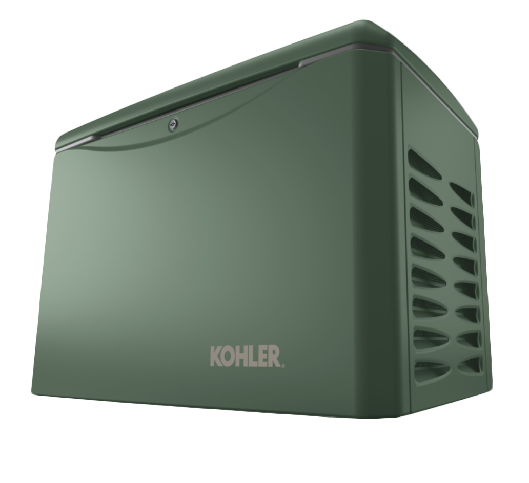 Dark green home generator, with Kohler logo, placed on a white background.