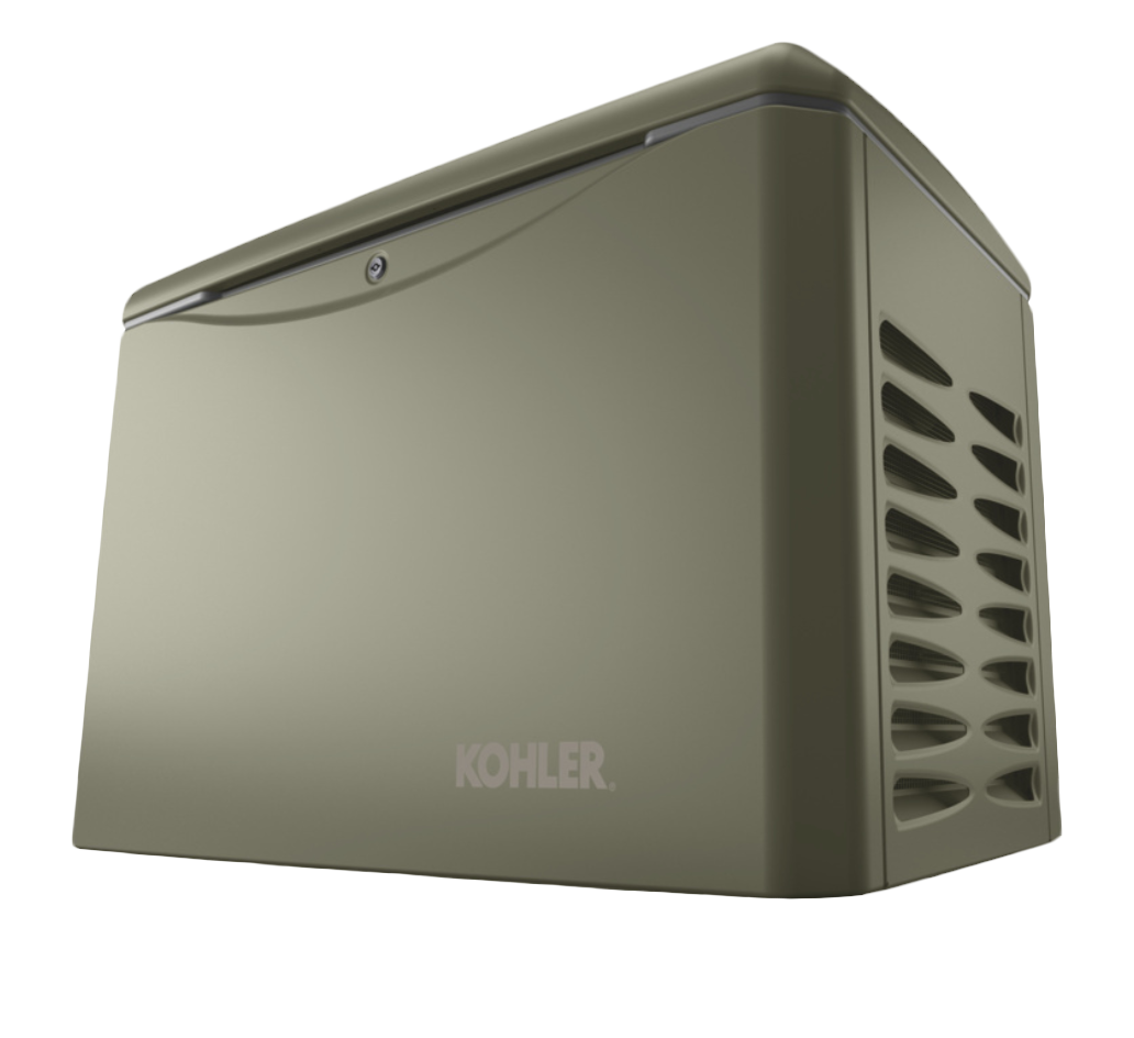 Militar green home generator with Kohler logo placed on a white background.