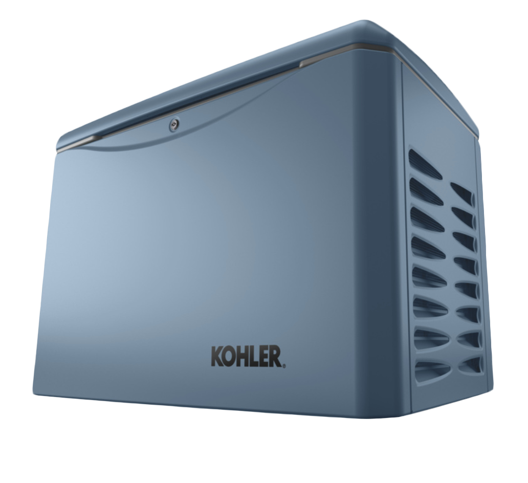 Gray-Blue home generator with Kohler logo, placed on a solid white background.