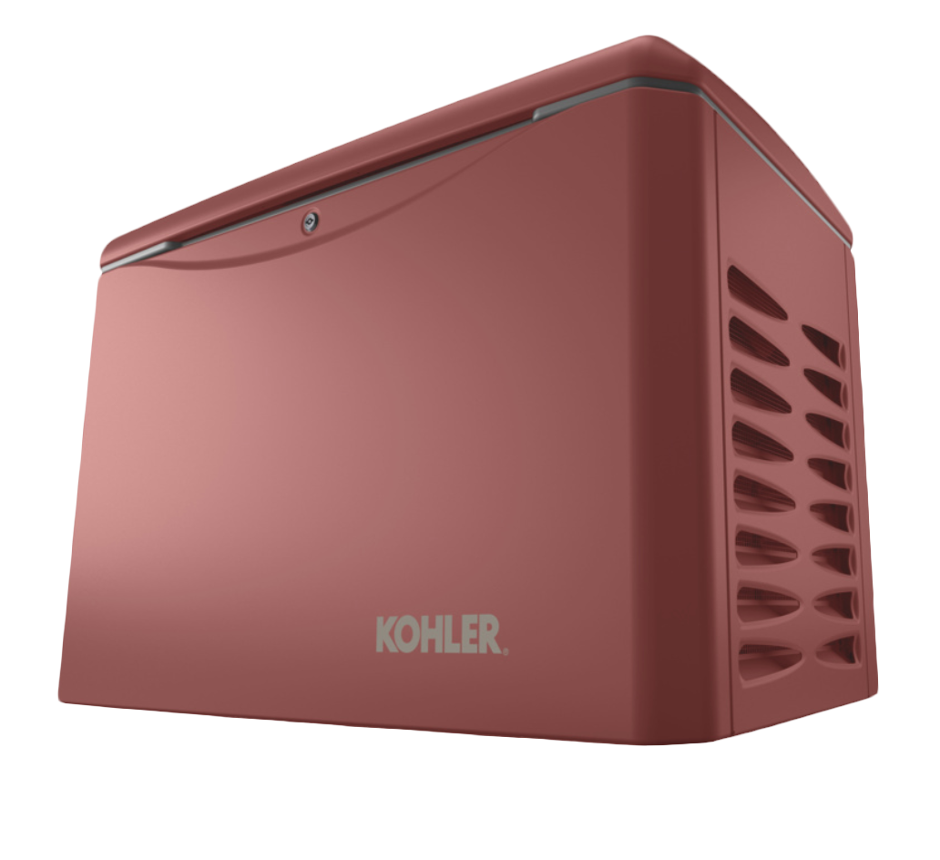 Dark red home generator, with Kohler logo, placed on a white background.