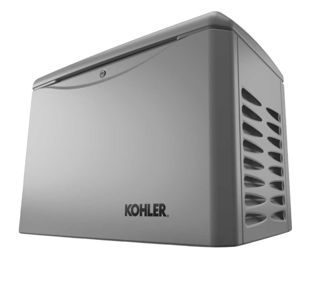 Light grey home generator with Kohler logo, placed on a solid white background.